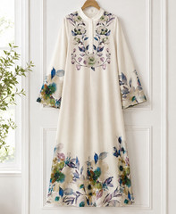 Women’s Ivory Floral Maxi Dress One Size Long Sleeve Bell Sleeve Band Collar