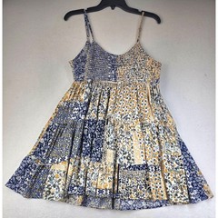Angie Floral Patchwork Smocked Mini Dress Blue Yellow Boho Tiered Rayon Large