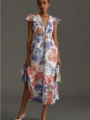 FARM Rio White Printed Ruffle Sleeve Midi Dress-Blue/Red Lobster Print & Tassles