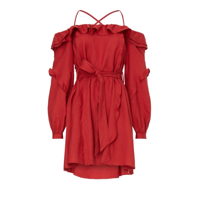 Marissa Webb Collective Red Ruffle Off The Shoulder Belted Linen Mini Dress- S