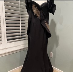 Fouad Sarkis black evening gown w/ gold embellishments along the bodice. Size 18