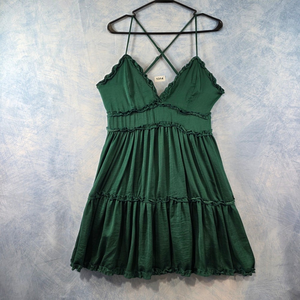 She + Sky Emerald Green Ruffle Tiered Babydoll Mini Dress Cross Back Small
