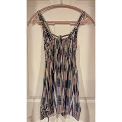 Utzpin Mini Dress L XL Multi Purple Ikat Cotton Smocked Boho Festival Summer