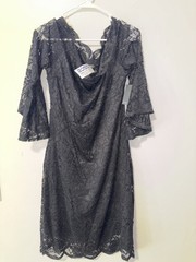 Cure L Black Floral Lace Cowl Neck 3/4 Bell Sleeve Lined Knee Dress