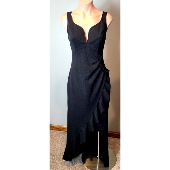 Black Sparkle Ruffle Slit Long Maxi Dress XS New Hoco Prom 1920s Whimsigoth