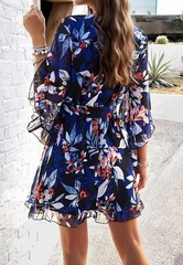 Women Mini Dress, Deep V-Neck Long Sleeve Waist Tie Ruffle Black Dress, Size S