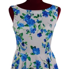Grace Karen White Blue Floral Fit Flare Sleeveless Boat Neck Midi Dress S