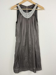 Bianca Nero Silk Shift Dress Gray Beaded Neck Sleeveless Sheer Overlay Size S