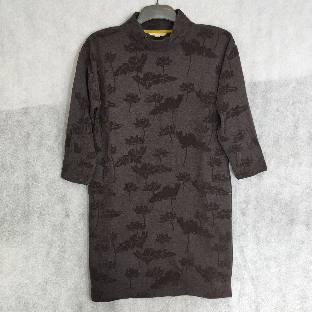 White Stuff Autumn Dress UK 8 Flock Jacquard Grey Pockets Midi Style Leaf Print