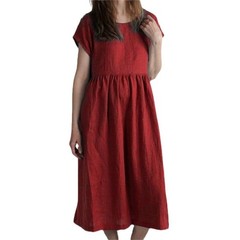 Solid-color Pleated Loose-fit Casual Cotton-linen Dress For Women