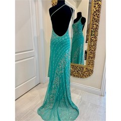 One-Shoulder hand beaded aqua Evening Gown stretch fabric attitudes by Debra