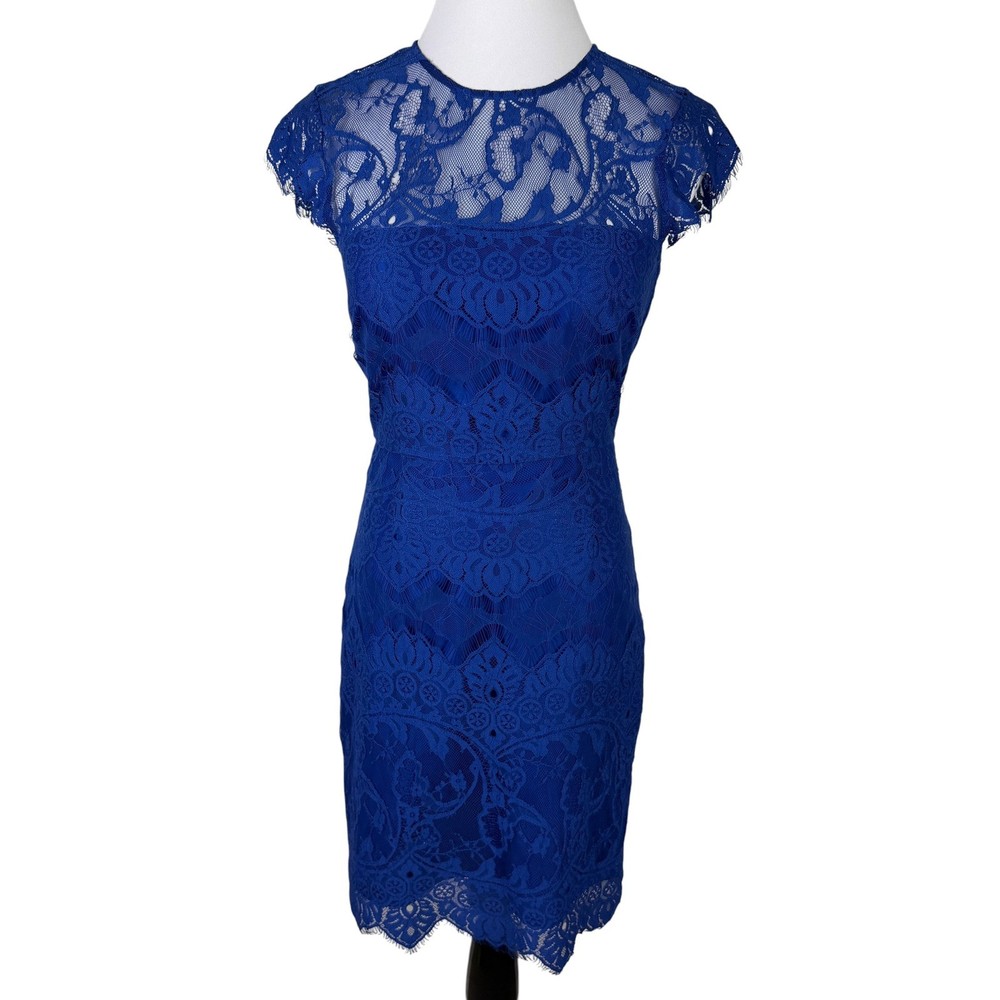 BB Dakota Royal Blue Floral Lace Sheath Dress Open Back Cap Sleeve Women&rsquo;s Small