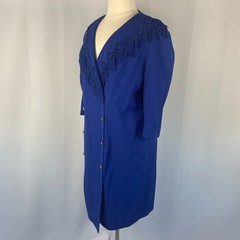 Vintage Coat Dress Plus Size 18W Royal Blue Fringe Button Office Career 80s 90s