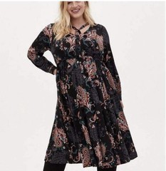 Torrid Midi Challis Skater Dress 2 Black Floral Paisley Cute Western w boots!