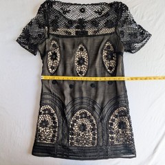DEFENON Silk Cotton Black Lace Floral Embroidered Short Dress M Cap Sleeve