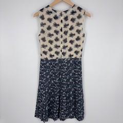 Tory Burch Cecilia Floral Pleated Dress Sz 2 Blue Cream A-Line Bow Neck Chiffon