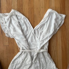 White Lace Fit & Flare Belted Wrap Dress Sz L Boho 90&rsquo;s Y2K Indie Cottage Bridal