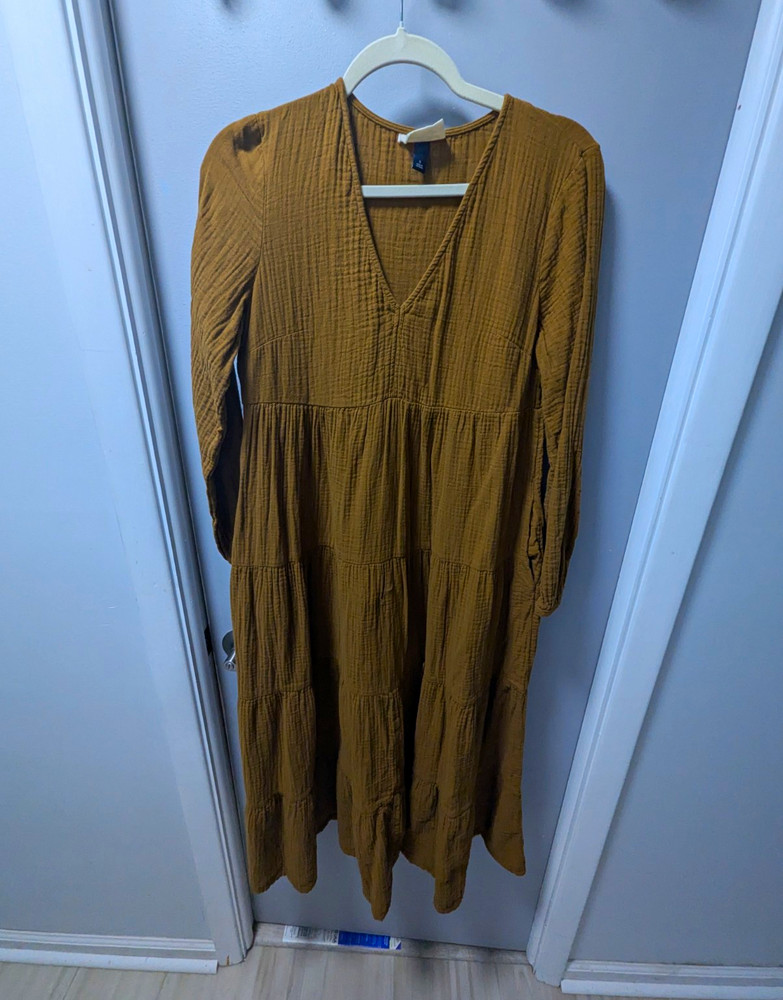 Universal Thread Brown Solid Tiered V-Neck Long Sleeve Midi Cotton Dress S