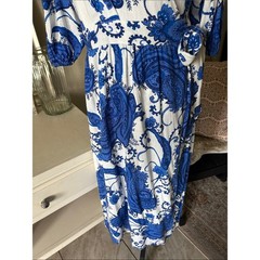 White closet elements white blue boho cottage paisley wrap Midi dress L
