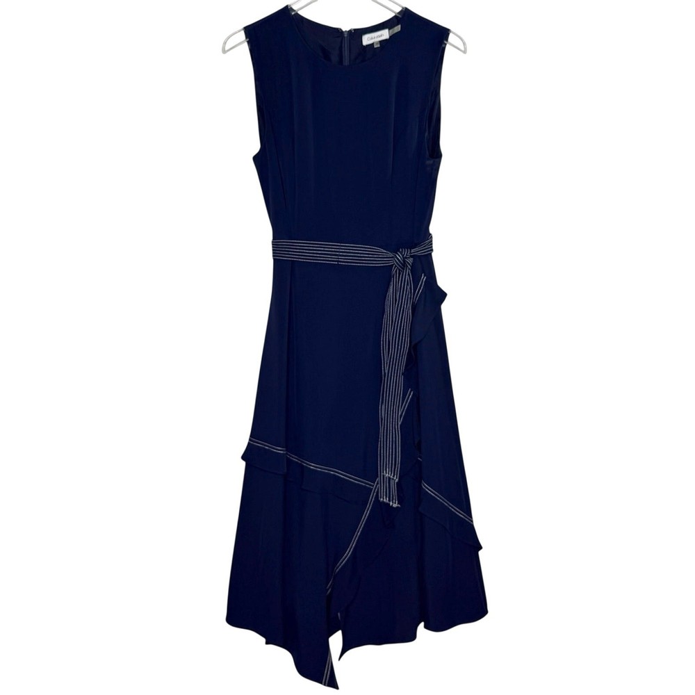 Calvin Klein Asymmetrical Tier Sleeveless Twilight Blue Dress 10 Midi Belted