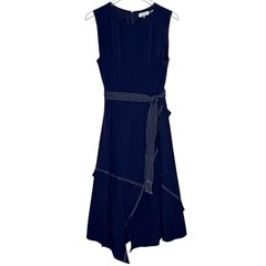 Calvin Klein Asymmetrical Tier Sleeveless Twilight Blue Dress 10 Midi Belted