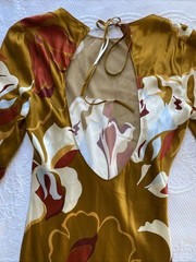 Reformation Dress Large Long Sleeve Open Back Gold Brown Cream Red Lightweight
