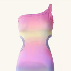 Medium Midi Dress Pastel Rainbow Ombre. 1-Shoulder Cutout Bodycon. Elegant Light