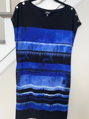 Jones NY Knit Summer Shift Dress M Blue Black Print Stripes With Side Pockets
