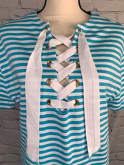 NEW PERSIFOR Nautical Blue & White Striped Knit Dress Lace Up Neck Size Small
