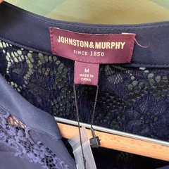 Johnston & Murphy Navy Lace Inset Button Front Elastic Waist Dress Size M