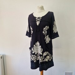 Free People Embroidered Mini Dress Black White Short Sleeve S 10 12 Casual Party