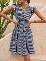 ELEGANT STRIPED V Neck Summer DRESS Smocked High Waist Casual A Line Midi S-XL