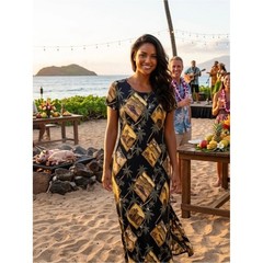 Hilo Hattie Hawaiian Original Black Palm Tree Vacation Travel Print Maxi Dress