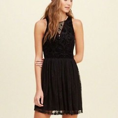 HOLLISTER sz Small Dress Sleeveless Lace Overlay Lined Side Zip Back Tie Black