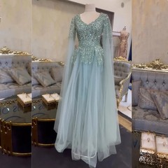 Custom Sparkle Net Pattern Sequined Pleat Aline Vneck LongDress Bespoke Occasion