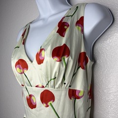 Vintage Tatyana Bouquet Cherry Swing Dress Size S Ivory Satin Pinup Retro 50s