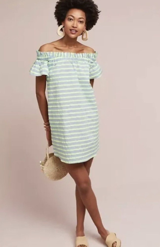 CoreyLynnCalter Bayside Green Blue Striped Off Shoulder Flutter Dress Womens M