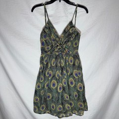 Pura Vida Peacock Feather Print Mini Dress Gold Metallic Cotton Green Blue Sz 6