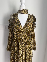 Akira Forever Lusting Yellow Leopard Maxi Dress Tie Neck Women’s Small NEW