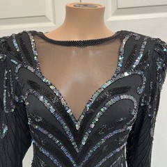 AJ Bari Black Cocktail Sequin Bead Dress 100% Silk Long Sleeves Size 10 VTG