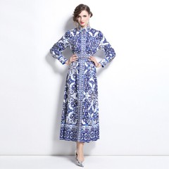 Vintage Baroque Print Mock Neck Long Sleeve Belt Women Casual Party Shirt Dress