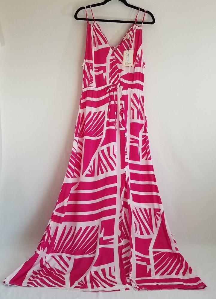 Elan Fuchsia Pink White Sleeveless Maxi Dress MEDIUM Sheer Spaghetti Straps NWT