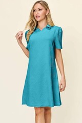 Double Take White Texture Collared Neck Short Sleeve Mini Dress