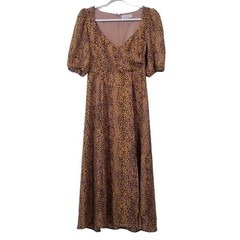 WAYF Women size Small Animal Print Maxi Dress side Slit Puff Sleeves