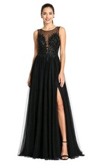 Xscape Size 6 Black Beaded Illusion Prom Dress Formal Evening Gown Slit Tulle