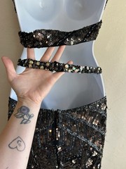 Cassandra Stone Mac Duggal Beaded Sequin Gown 6 Backless Formal Prom Thigh Slit