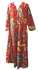 One of a kind new long cotton red custom bird + flower caftan dress size L FAB!