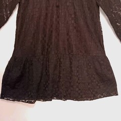 Velzera mini flare dress, loose lace, gathered ruffle, v-neck, long sleeves.