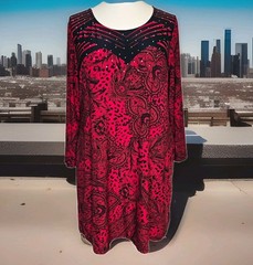 STYLE & CO RED & BLACK W/ SILVER ACCENT BEADS/STONES WOMEN&rsquo;S ELEGANT DRESS SZ LG