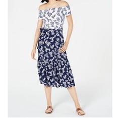 Maison Jules Womens 6 Blue White Fronds Off The Shoulder Midi Sheath Dress NWT